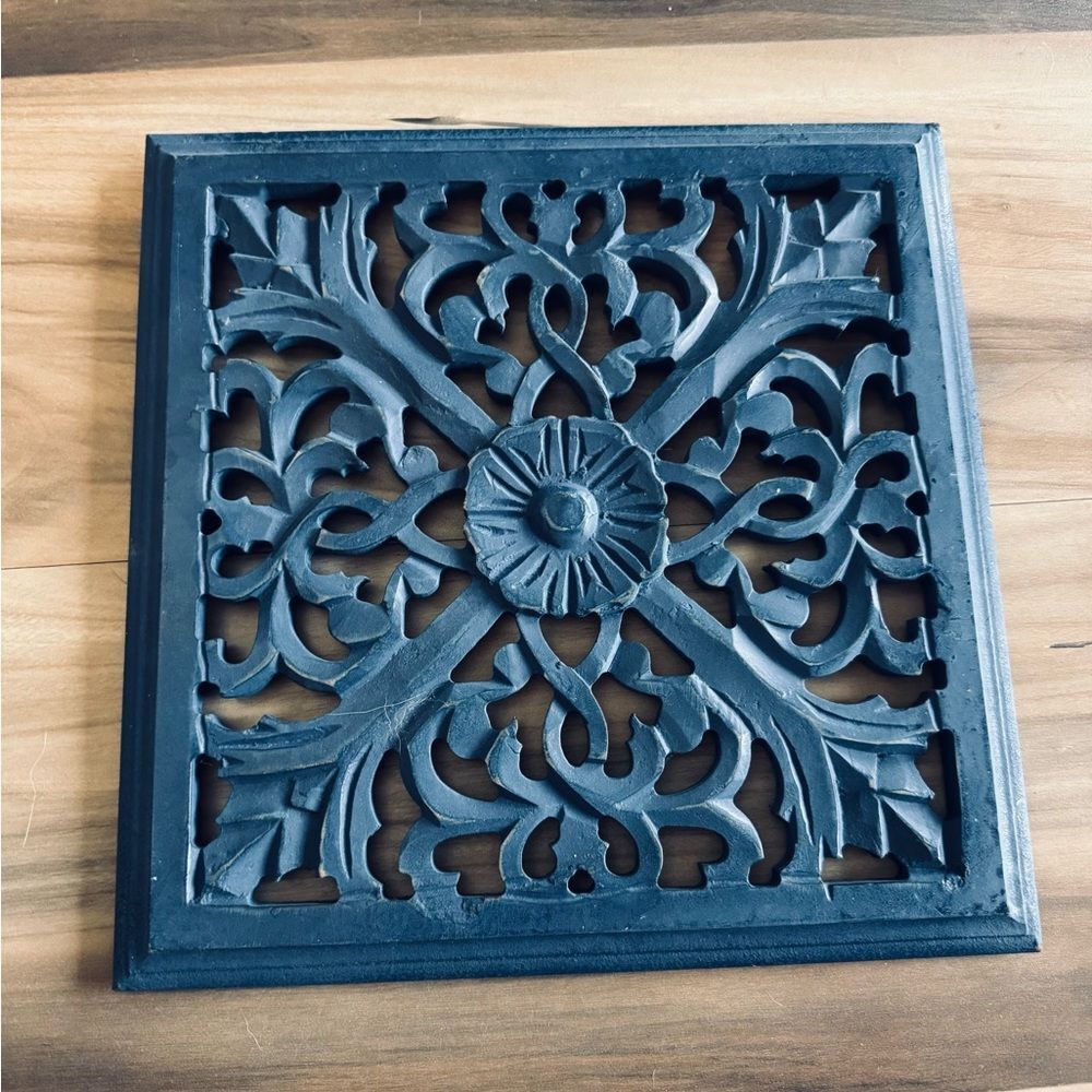 Boho Blue Carved Wall Art Decor Square Medallion